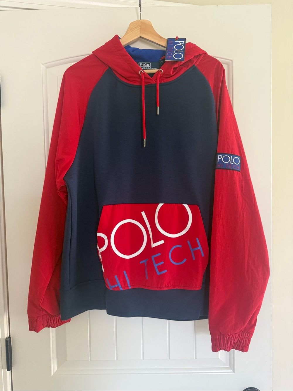 Polo Ralph Lauren Hi Tech Blue/Red Graphic Pullover Hoodie Vintage Men’s Large